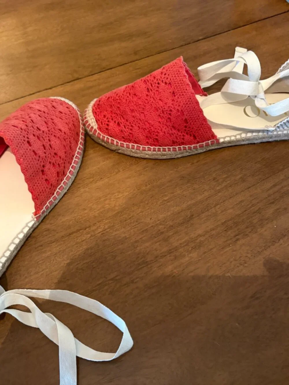 NWOT Gaimo-Made in Spain-Coral Red Crochet Ankle Tie Flat Espadrilles. 6.5/7